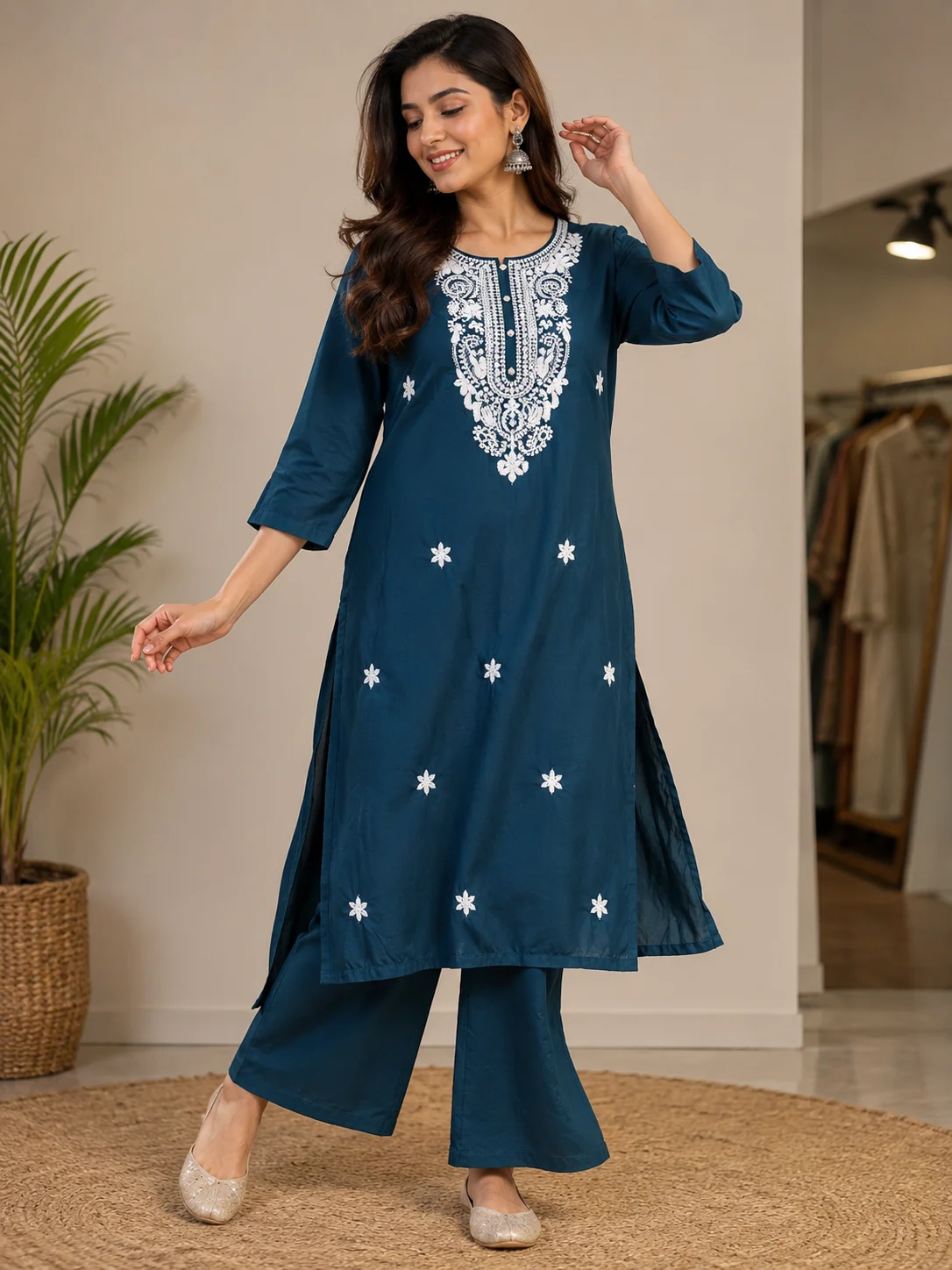Navy-blue-white-embroidered-kurti-set