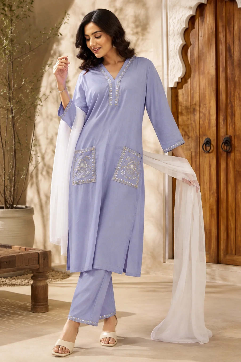 Lavender Elegance Embroidered 3-Piece Suit Set