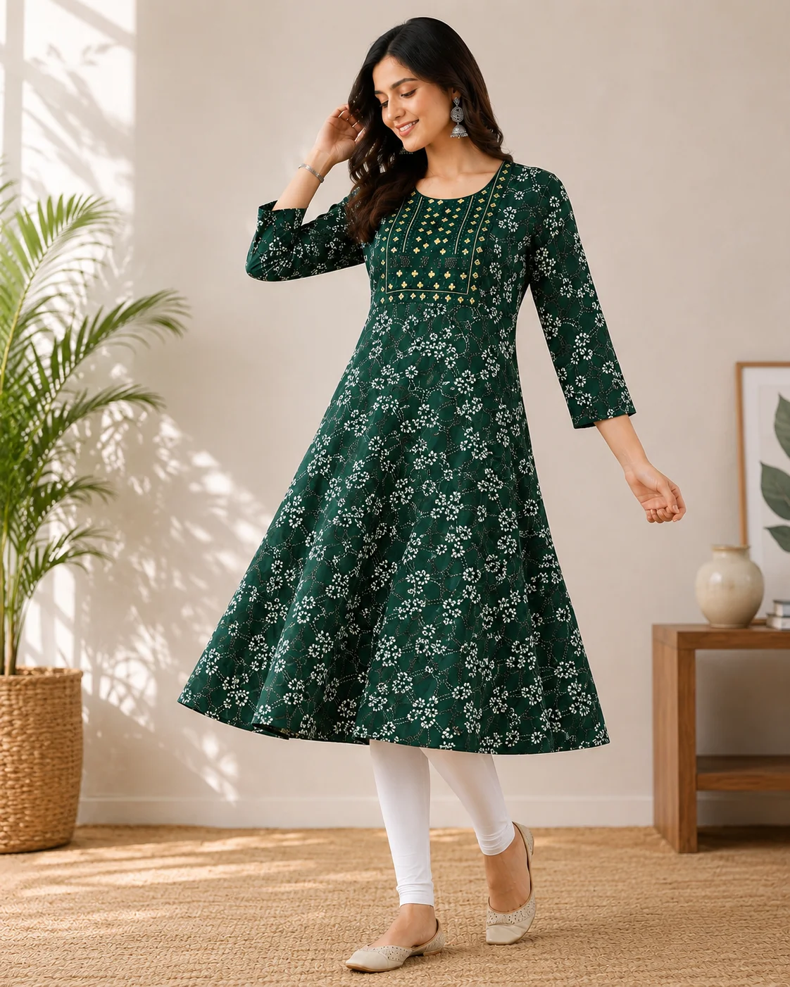Dark Green Floral Printed Anarkali Kurti