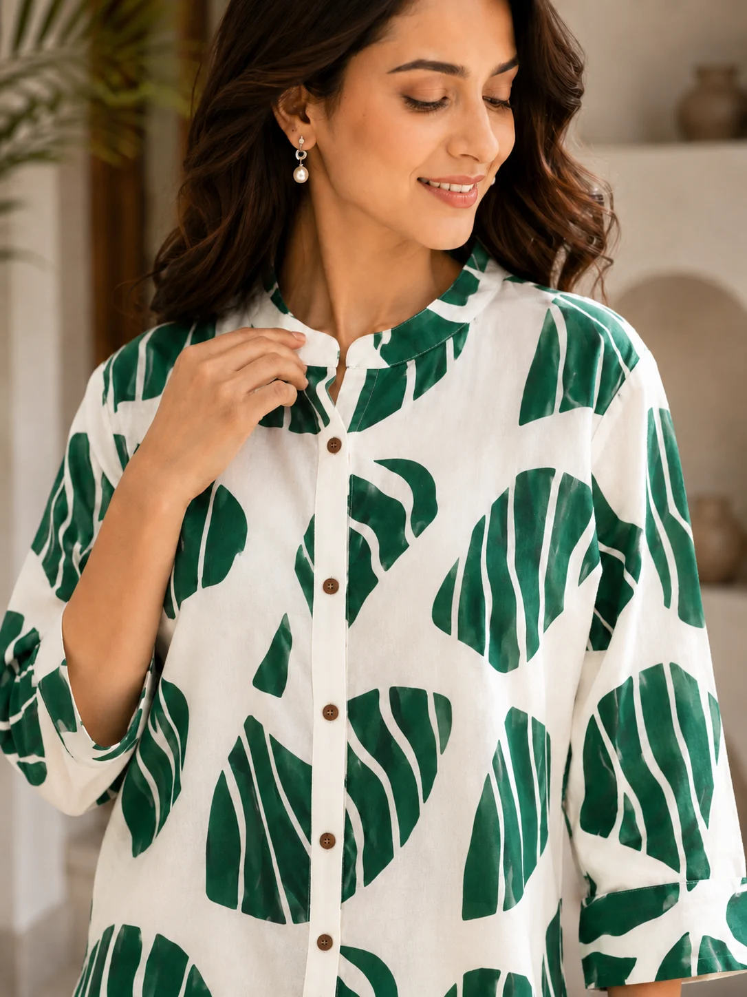 Emerald Leaf Print Button-Down Kurti