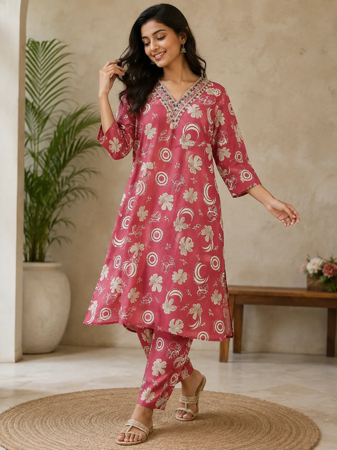 Rosewood Bloom Printed Kurta Pant Set