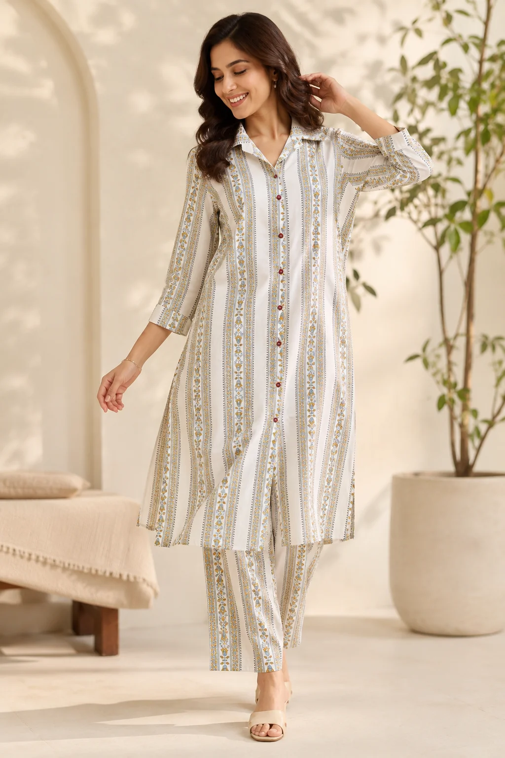 Ivory Bloom Stripe Printed Kurta Pant Set