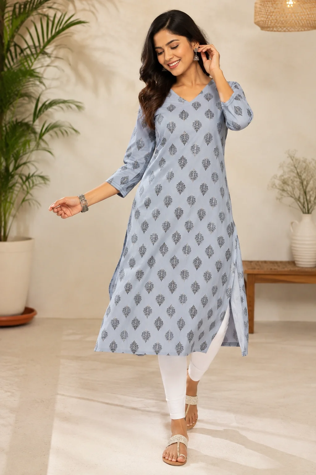 Powder Blue Printed Straight Kurta