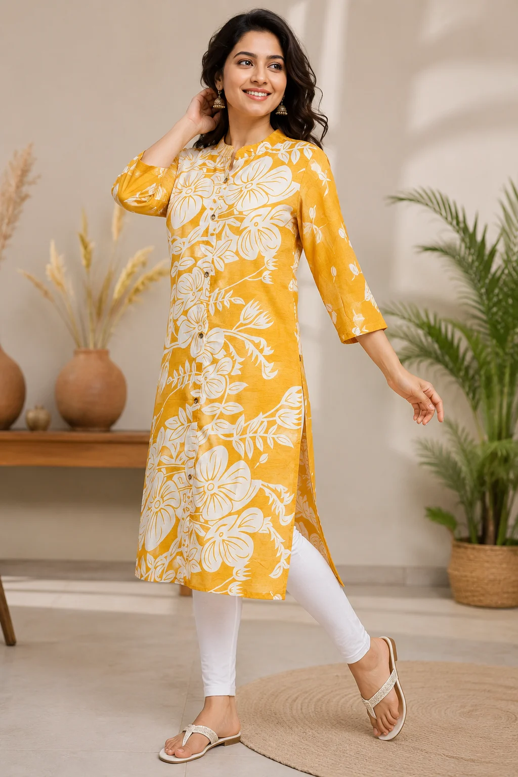 Mustard Yellow Floral Printed Straight Kurti