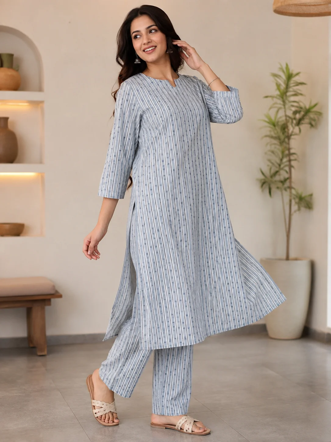 Silver Mist Striped Kurti & Palazzo Set