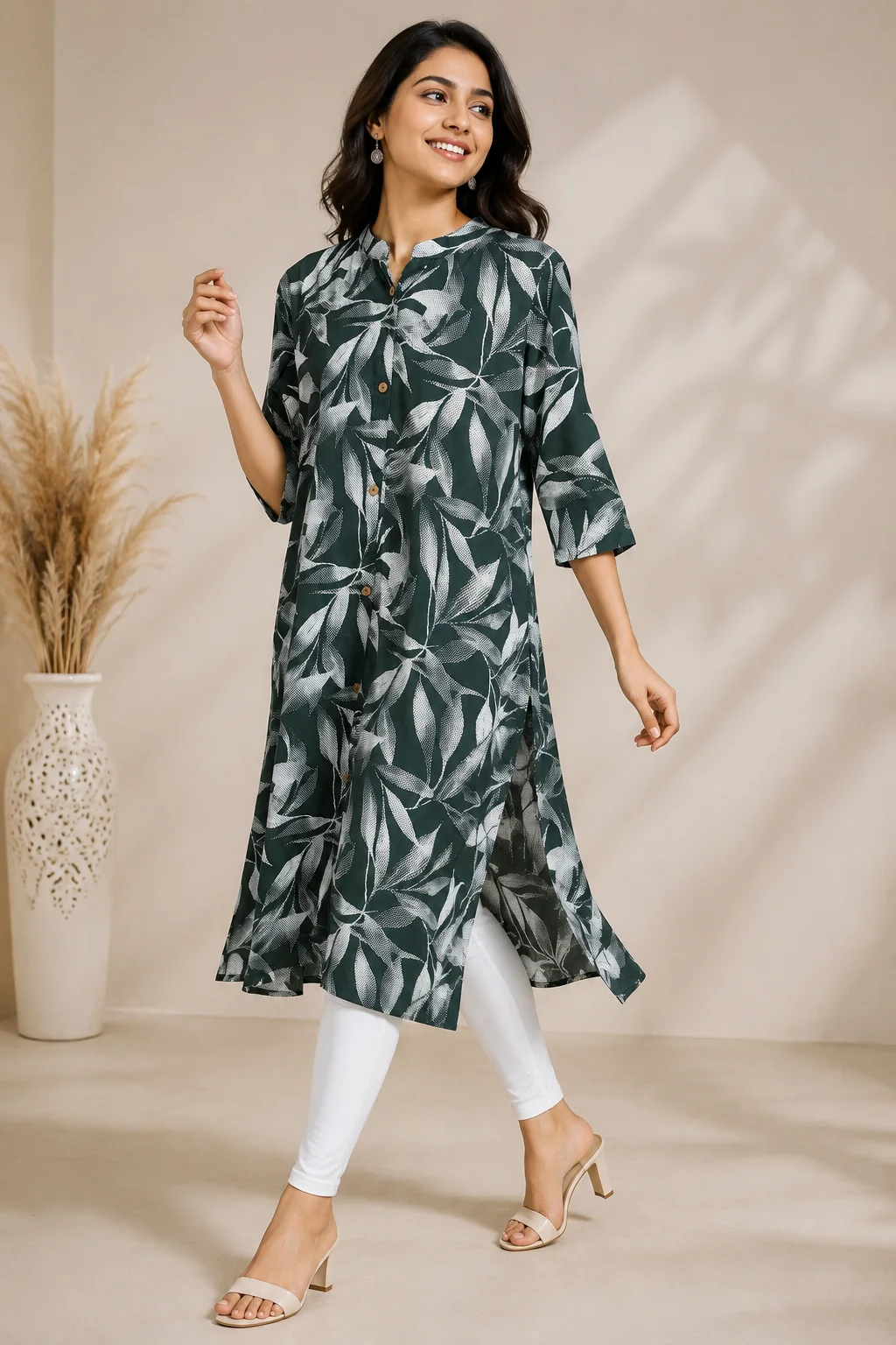Turquoise Blue Floral Printed Straight Kurti