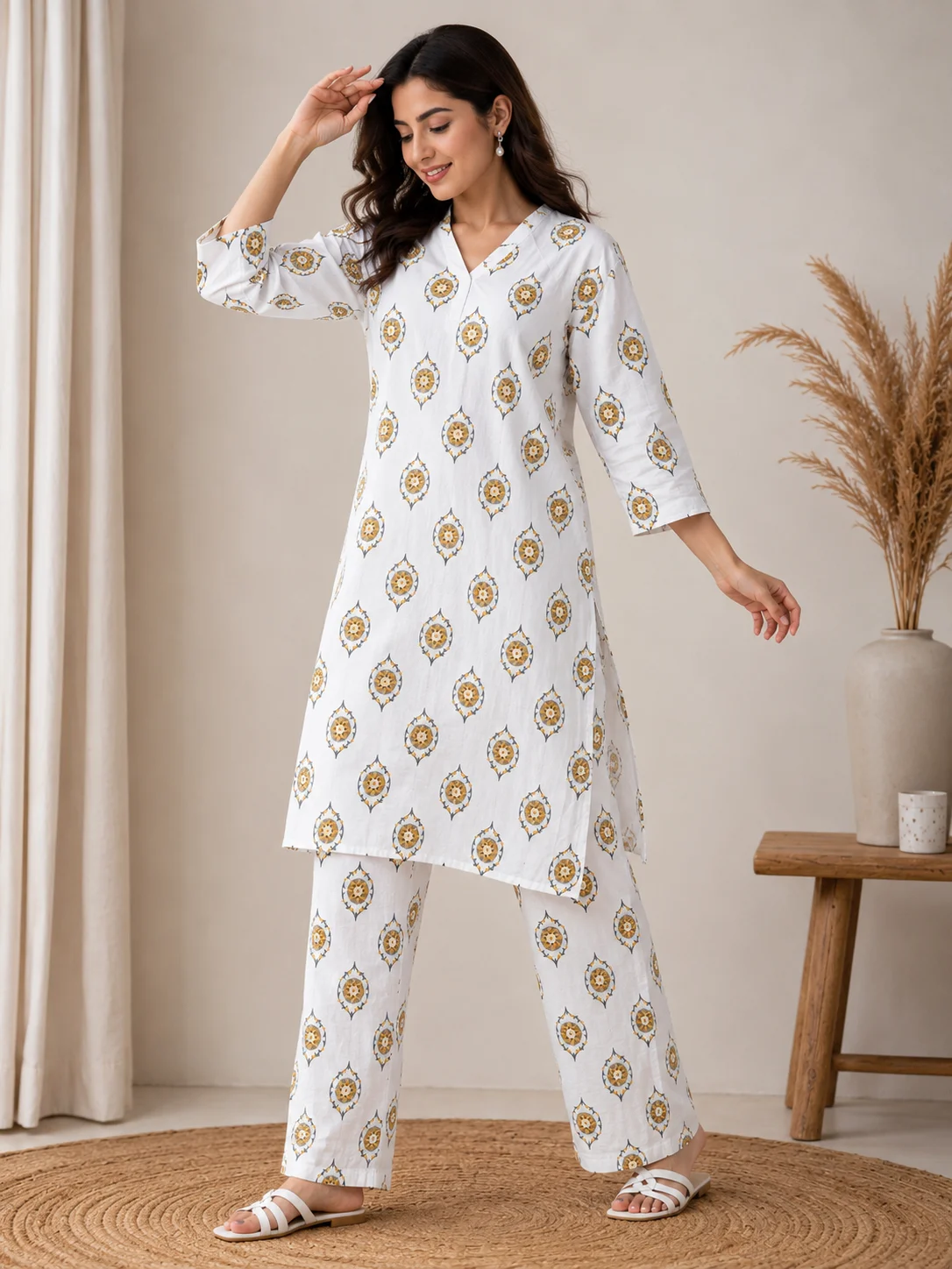 Ivory Floral Printed Straight Kurti